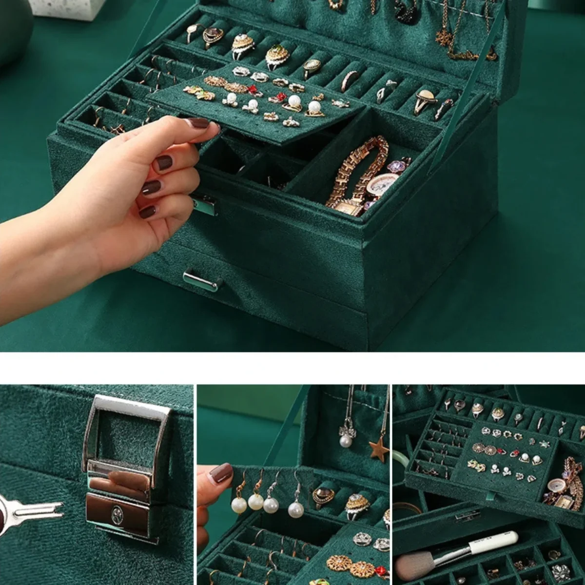 Boîte à bijoux vert émeraude avec tiroir – Image 5