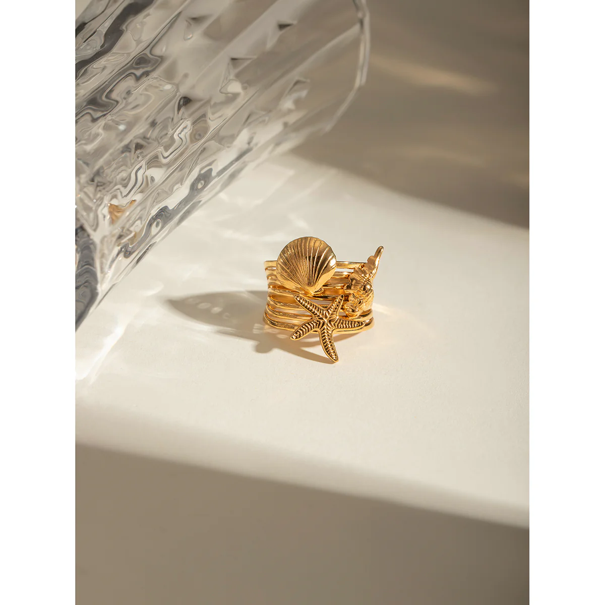 Bague Coquillage, étoile de mer et hippocampe dorée – Image 5