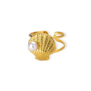 Bague Coquillage Saint-Jacques dorée et sa Perle