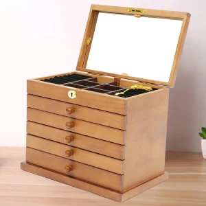 Boîte à bijoux en bois 6 tiroirs avec miroir