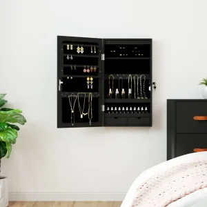 Armoire À Bijoux Noir Avec Miroir Led Mural