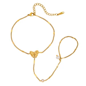 Bijou de main papillon en acier inoxydable plaqué or, avec perles et zircons, maille cubaine, modèle Firza