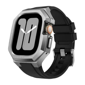 Boîtier renforcé Apple Watch avec bracelet sport en fluororubber, acier inoxydable design angulaire, style moderne et robuste, modèle Dems