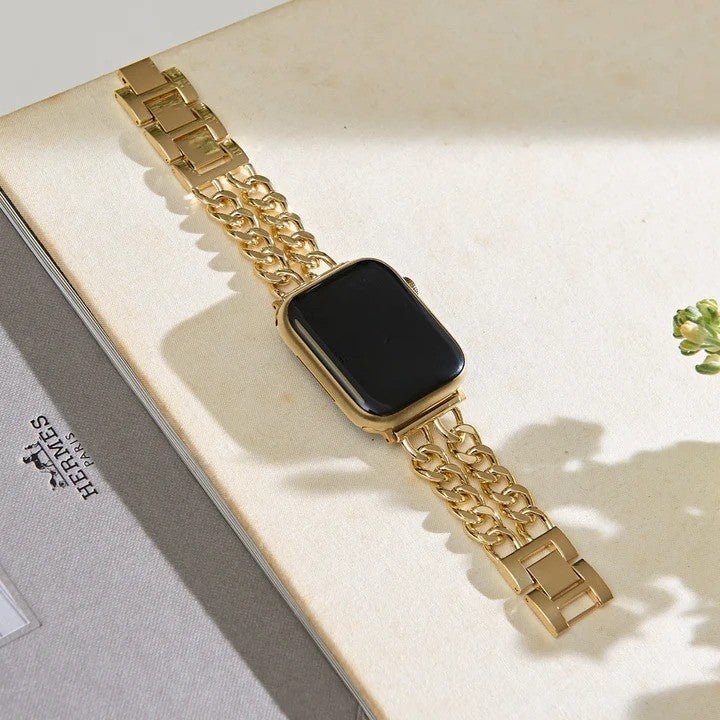 Bracelet Apple Watch en acier inoxydable, maille gourmette double chaîne, élégant et moderne, fermoir sécurisé, modèle Suza – Image 8