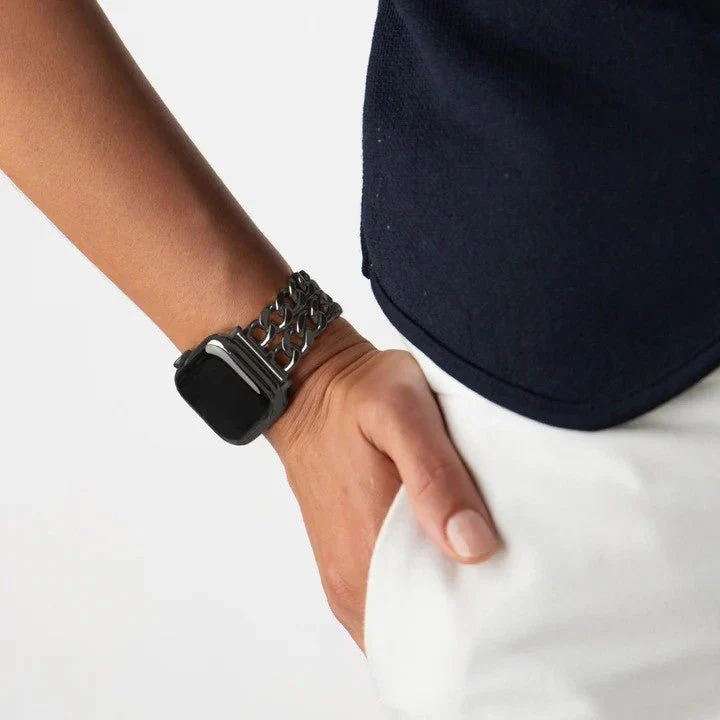 Bracelet Apple Watch en acier inoxydable, maille gourmette double chaîne, élégant et moderne, fermoir sécurisé, modèle Suza – Image 6