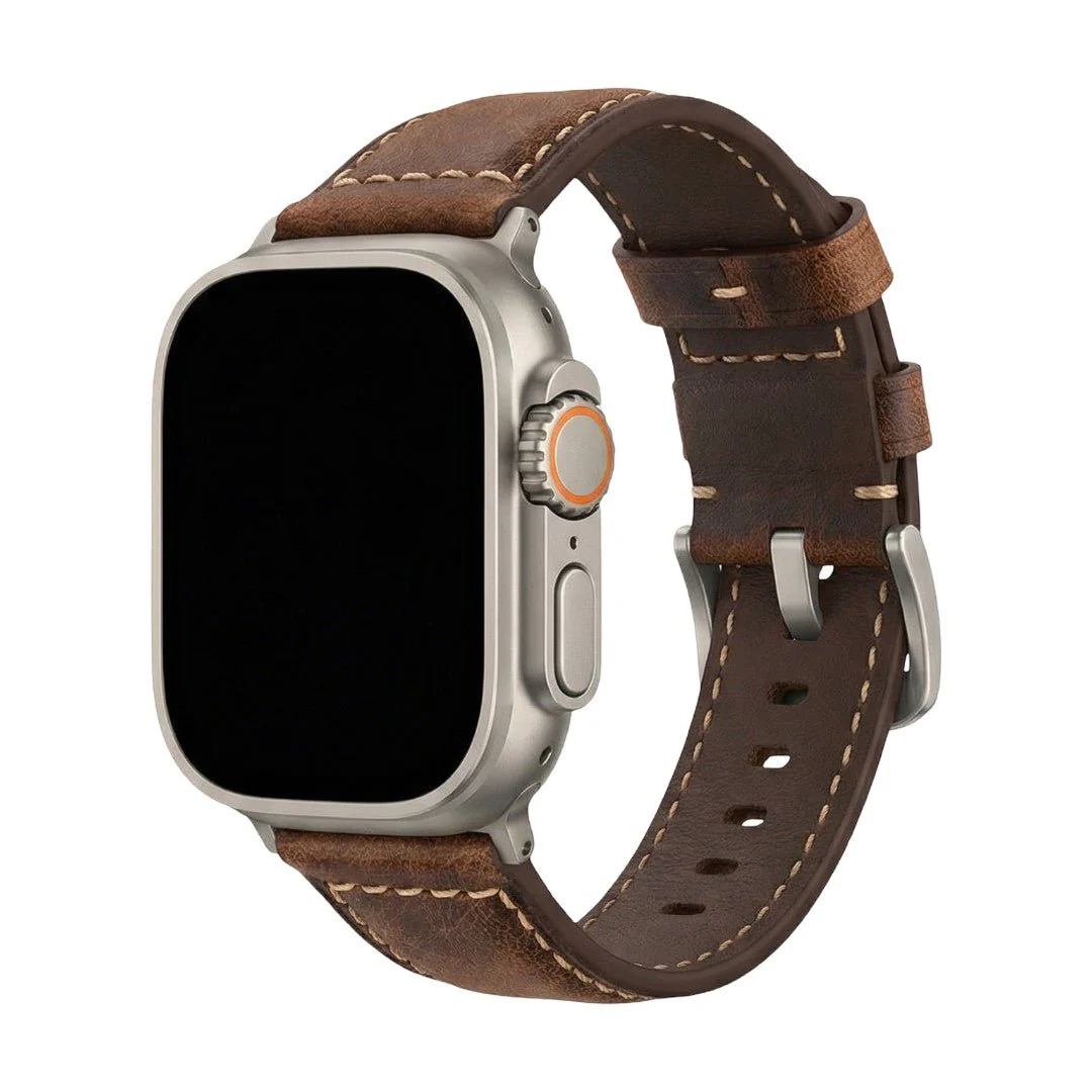 Bracelet Apple Watch en cuir marron vintage, texture naturelle patinée, maintien confortable, boucle acier noir ou argent, modèle Octave – Image 2