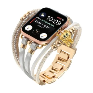 Bracelet Apple Watch Teddy Bear doré, design raffiné avec perles dorées, strass brillants et breloque mignonne, modèle Céphile