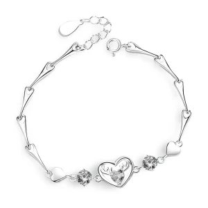 Bracelet en argent pur pour femme, charm coeur incrusté d'un cerf, modèle Ines