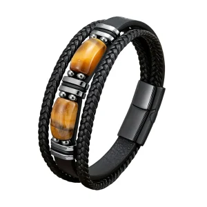Bracelet multi-rangs pour homme, avec pierres oeil de tigre, modèle Raven