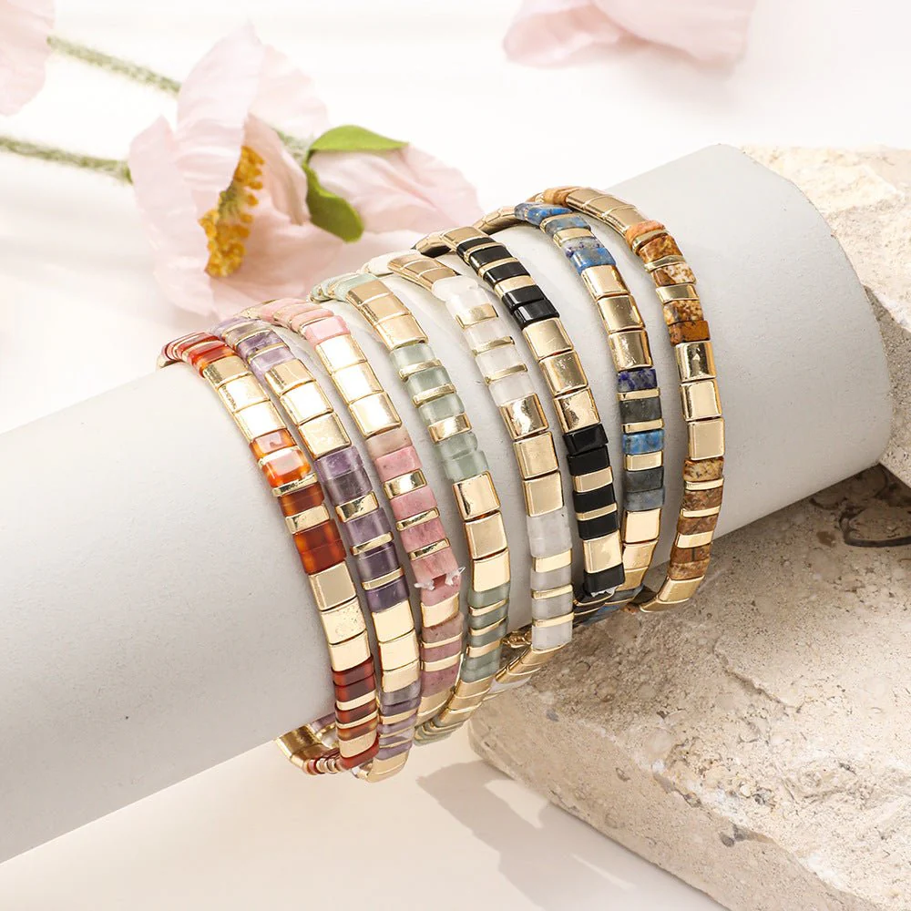 Bracelet en perles du Japon, raffiné multicolore et doré, bracelet souple à enfiler, effet lumineux garanti, modèle Wakana – Image 7