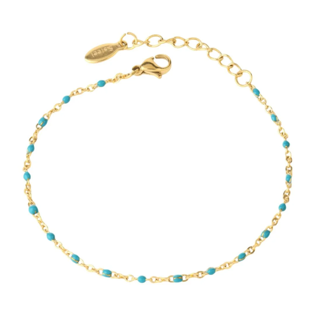 Bracelet fin fantaisie en acier inoxydable doré, maille forçat plaqué or, perles colorées, réglable avec fermoir mousqueton, modèle Fuzy – Image 6