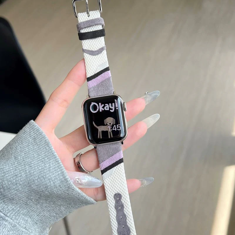 Bracelet montre Apple Watch, boucle colorée en toile tissée, intérieur cuir doux, confort et style ludique, modèle Claire – Image 7