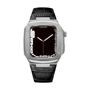 Bracelet montre cuir avec coque intégrée, compatible Apple Watch, design armure moderne, boucle ardillon, modèle Castillon