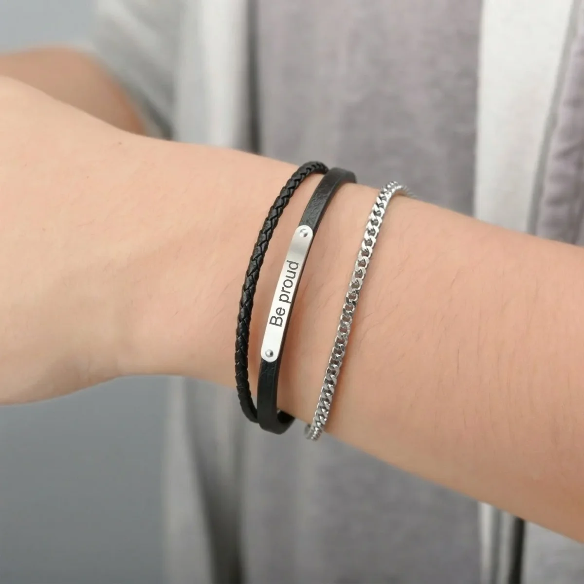 Bracelet personnalisé cuir tressé et chaîne acier, élégance brute, fermeture magnétique, modèle Donatien – Image 3