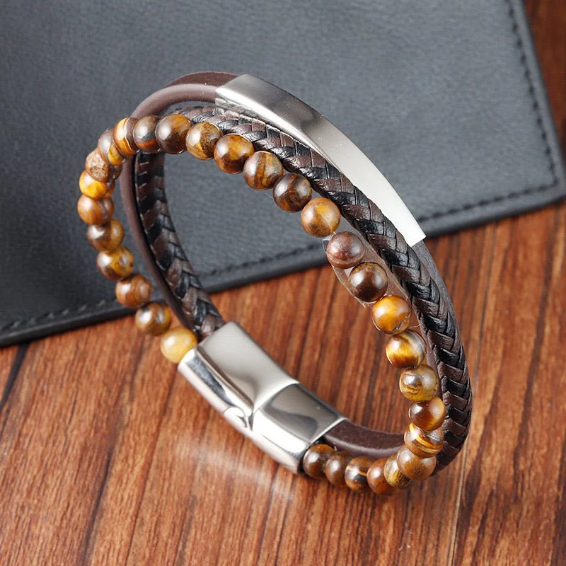 Bracelet personnalisé homme cuir tressé, perles naturelles œil de tigre, fermoir acier magnétique, accessoire chic et robuste, cadeau idéal, modèle Zédon – Image 5