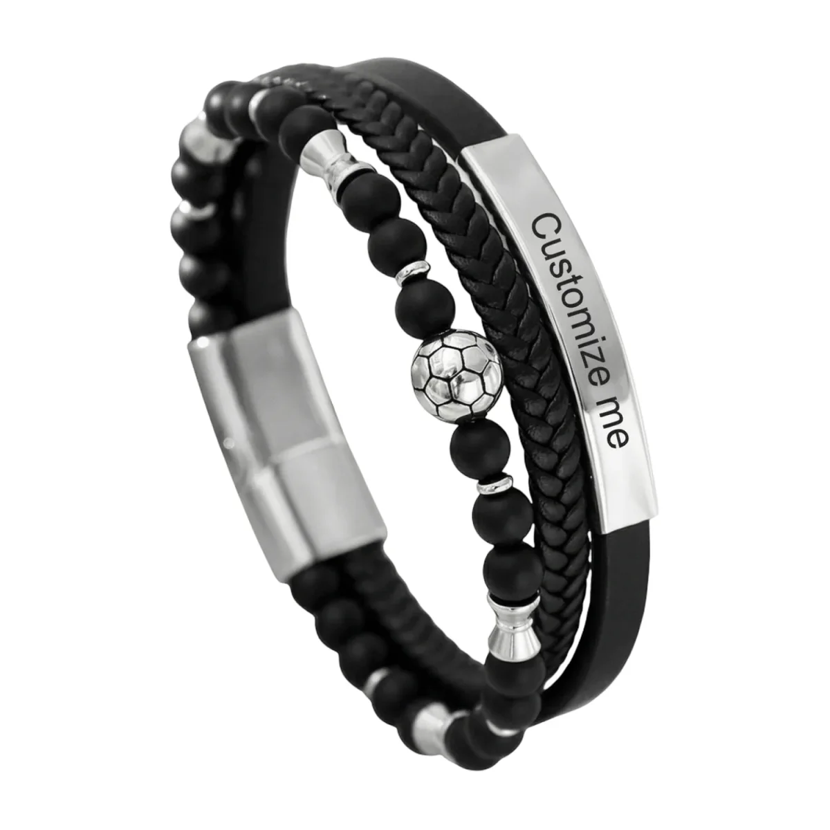 Bracelet personnalisé masculin moderne foot, cuir tressé et perles, fermoir magnétique en acier, ballon de football, modèle Lamine