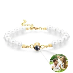 Bracelet photo personnalisé perlé avec projection photo, acier et perles, idée cadeau symbolique, modèle Kind