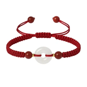 Bracelet porte-bonheur, de paix, en fil ciré, pierres de cinabre et pierre de jade, pour femme, modèle Lima