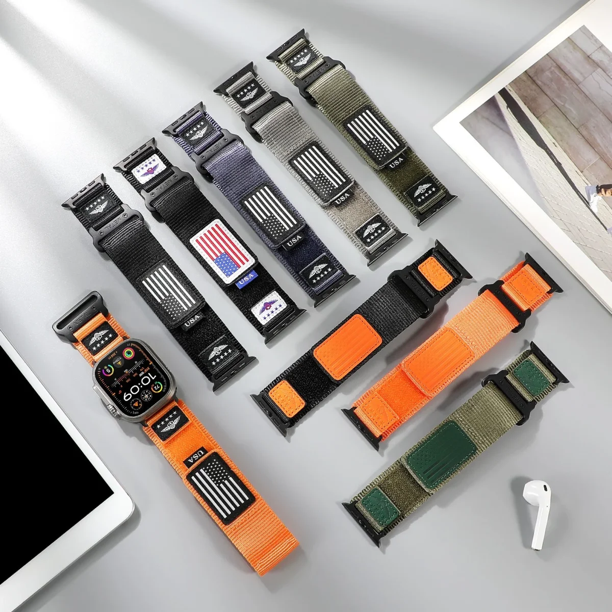 Bracelet trail USA, en nylon, drapeau américain, pour Apple Watch, ajustable, modèle Vino – Image 5
