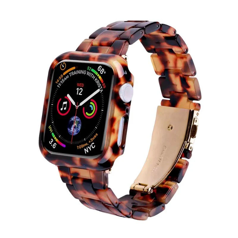 Coque intégrale avec bracelet pour Apple Watch, à maillons en résine effet léopard, style affirmé et moderne, modèle Kidine