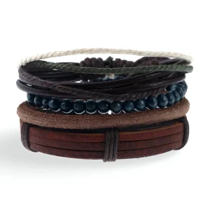 Ensemble de 4 bracelets en cuir et bois, élégant contraste visuel, pour homme, modèle Jaden