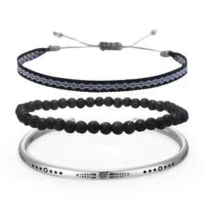 Trio de bracelets tibétains porte-bonheur, pierres volcaniques et argent, pour homme, modèle Steven