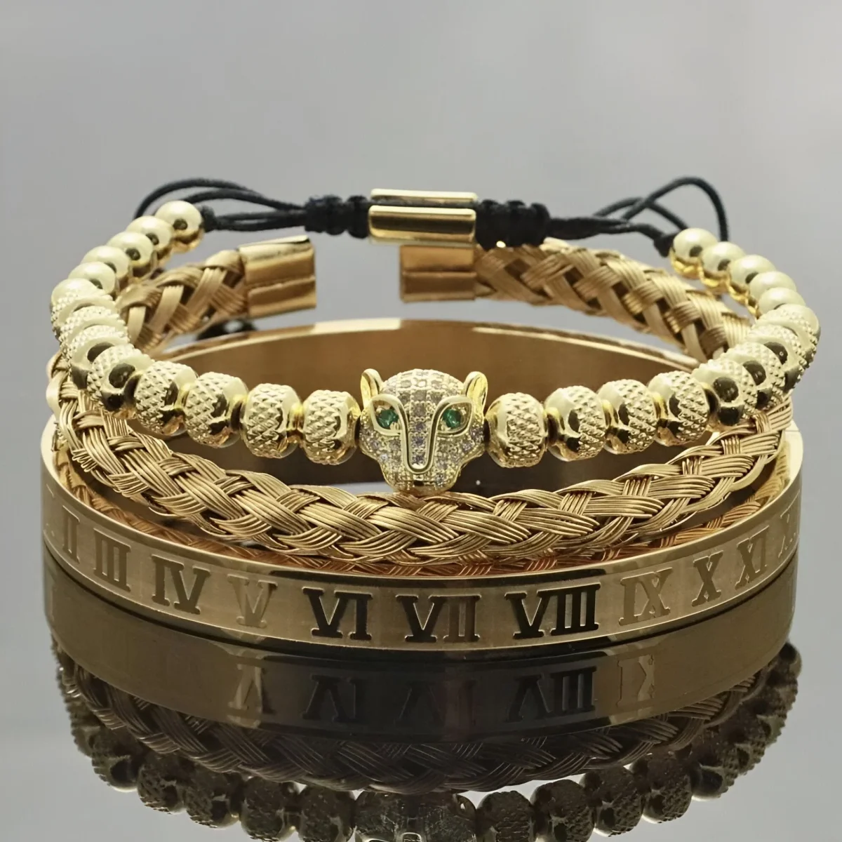 Trio de bracelets en acier inoxydable, pour homme, tête de léopard, modèle Cristobal – Image 7